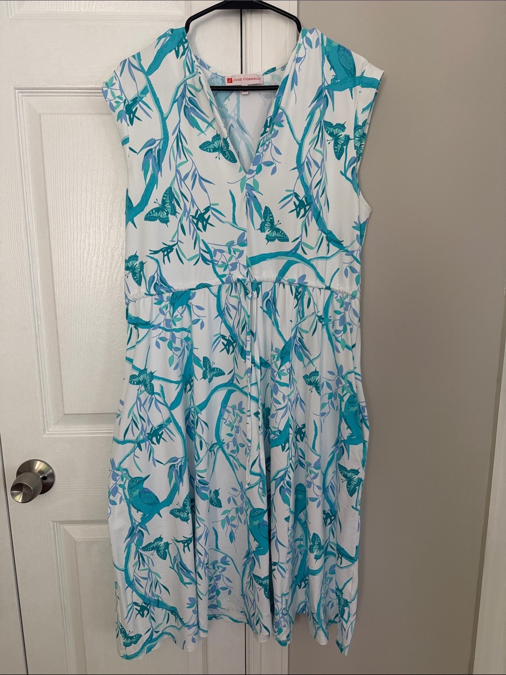 Jude Connally White Midi Dress with Turquoise Botanical & Bird Print
